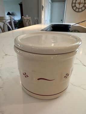 Longaberger Woven Traditions Cream Ceramic Canister with Maroon Accents